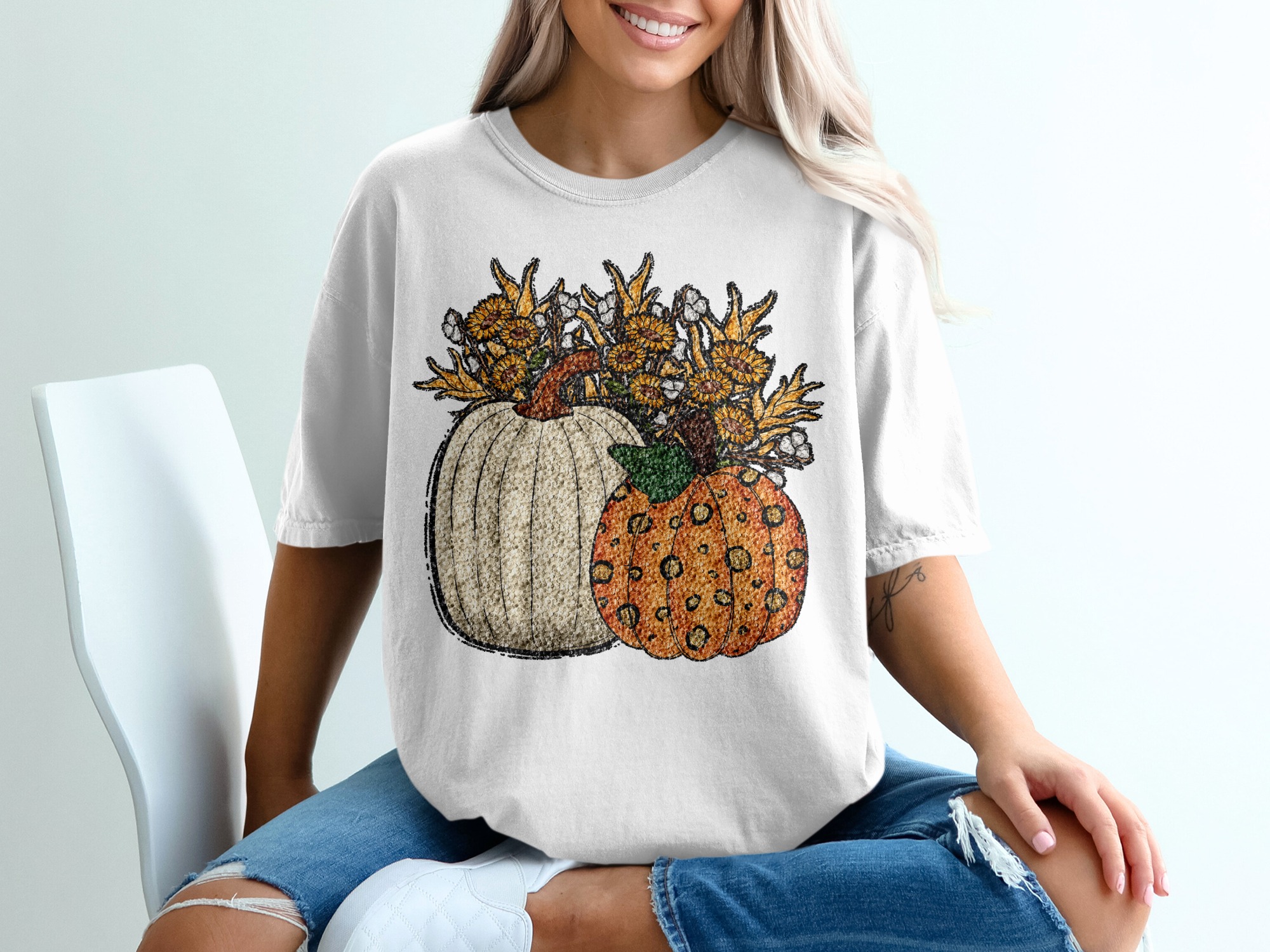Fall Pumpkin T-Shirt, Autumn Harvest Tee, Thanksgiving Shirt, Floral Pumpkin Design, Seasonal T Shirt, Sunflower and Cotton, Trendy