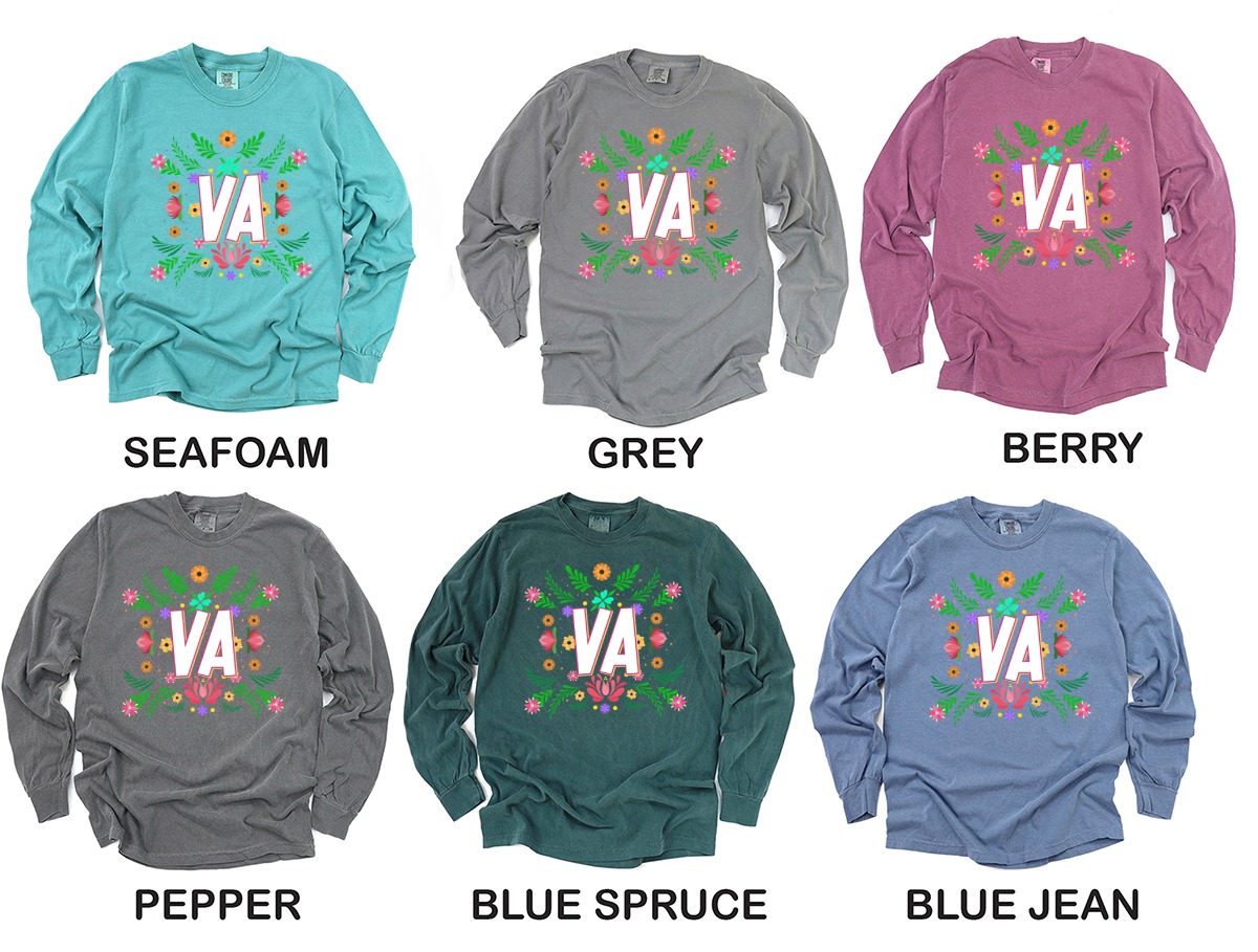 VA Floral Long Sleeve T-Shirt, Virginia Initials Shirt, Flower Design Shirt, State Pride Apparel, Botanical Graphic Tee, Gift Idea - Image 3