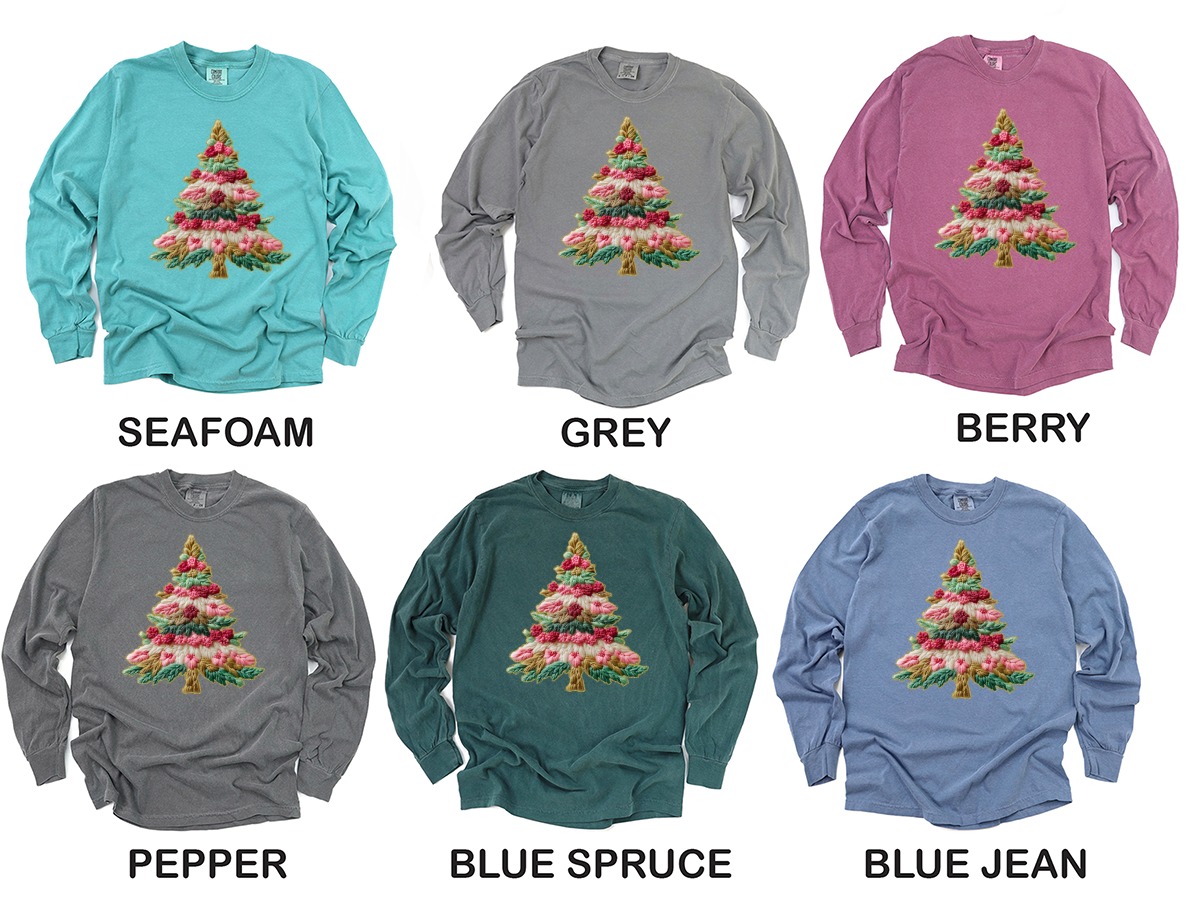 Embroidered Christmas Tree Long Sleeve T-Shirt, Holiday Apparel, Festive Winter Design, Unique Gift Idea, Seasonal Clothing - Image 3