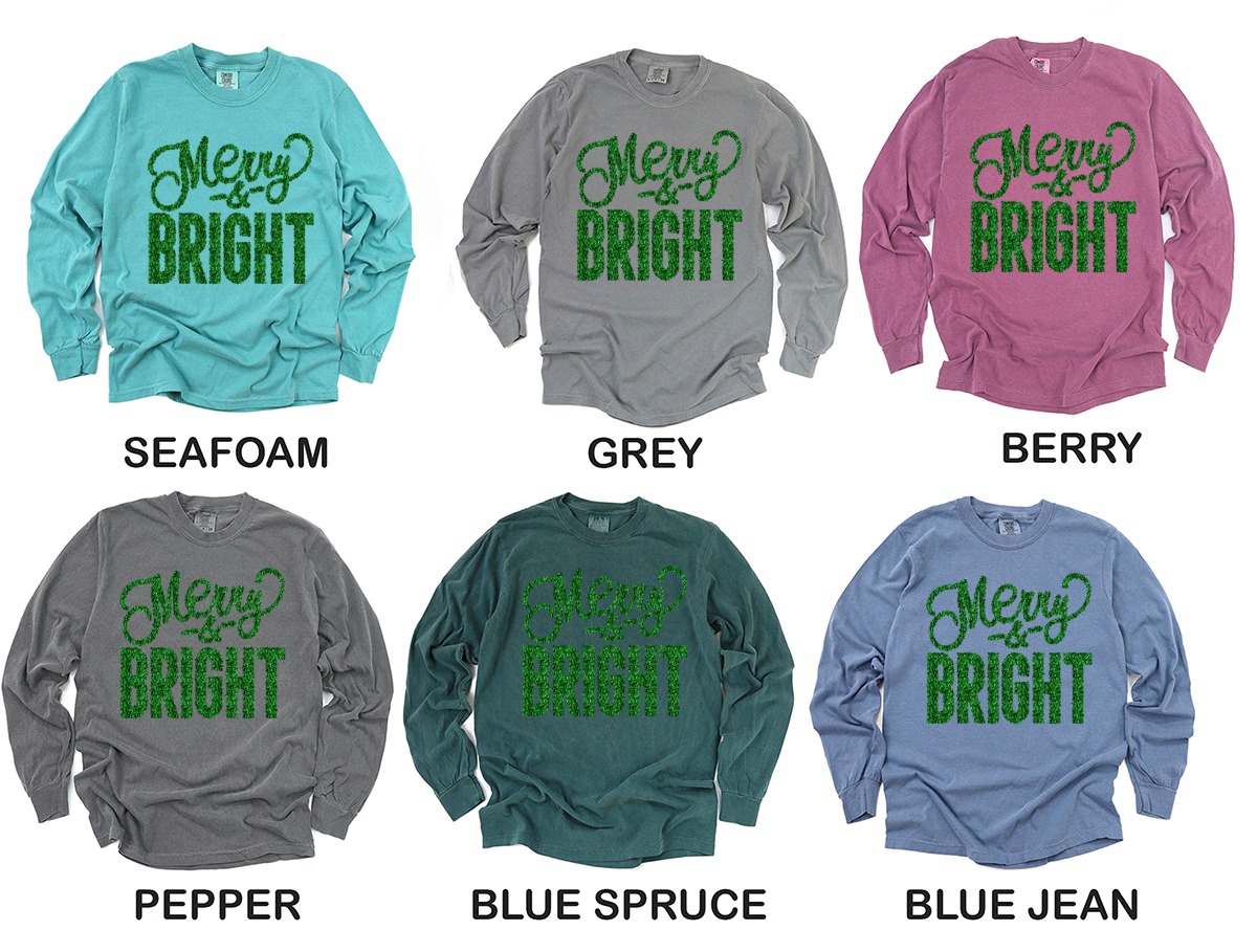 Merry and Bright Long Sleeve T-Shirt, Holiday Long Sleeve T-Shirt, Christmas Long Sleeve T-Shirt, Green Holiday Shirt - Image 3