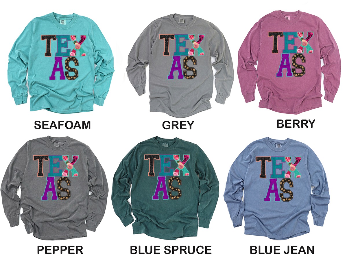 Colorful Texas Letter Long Sleeve T-Shirt, Unique Texas State Shirt, Texas Pride Long Sleeve, Floral Animal Print Texas Tee, Vibrant Texas - Image 3
