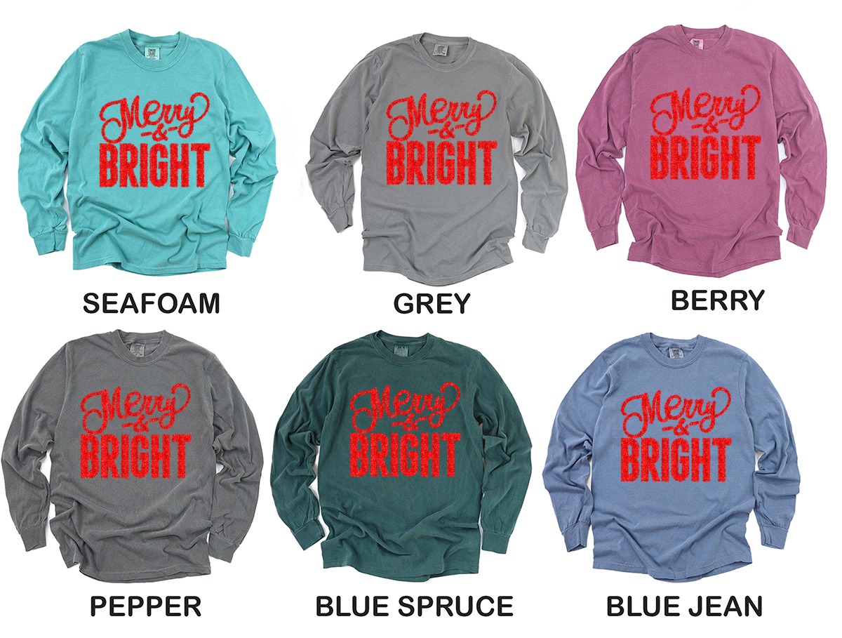 Merry and Bright Long Sleeve T-Shirt, Festive Christmas Shirt, Holiday Season Apparel, Sequin Effect Design, Christmas Gift Idea - Image 3