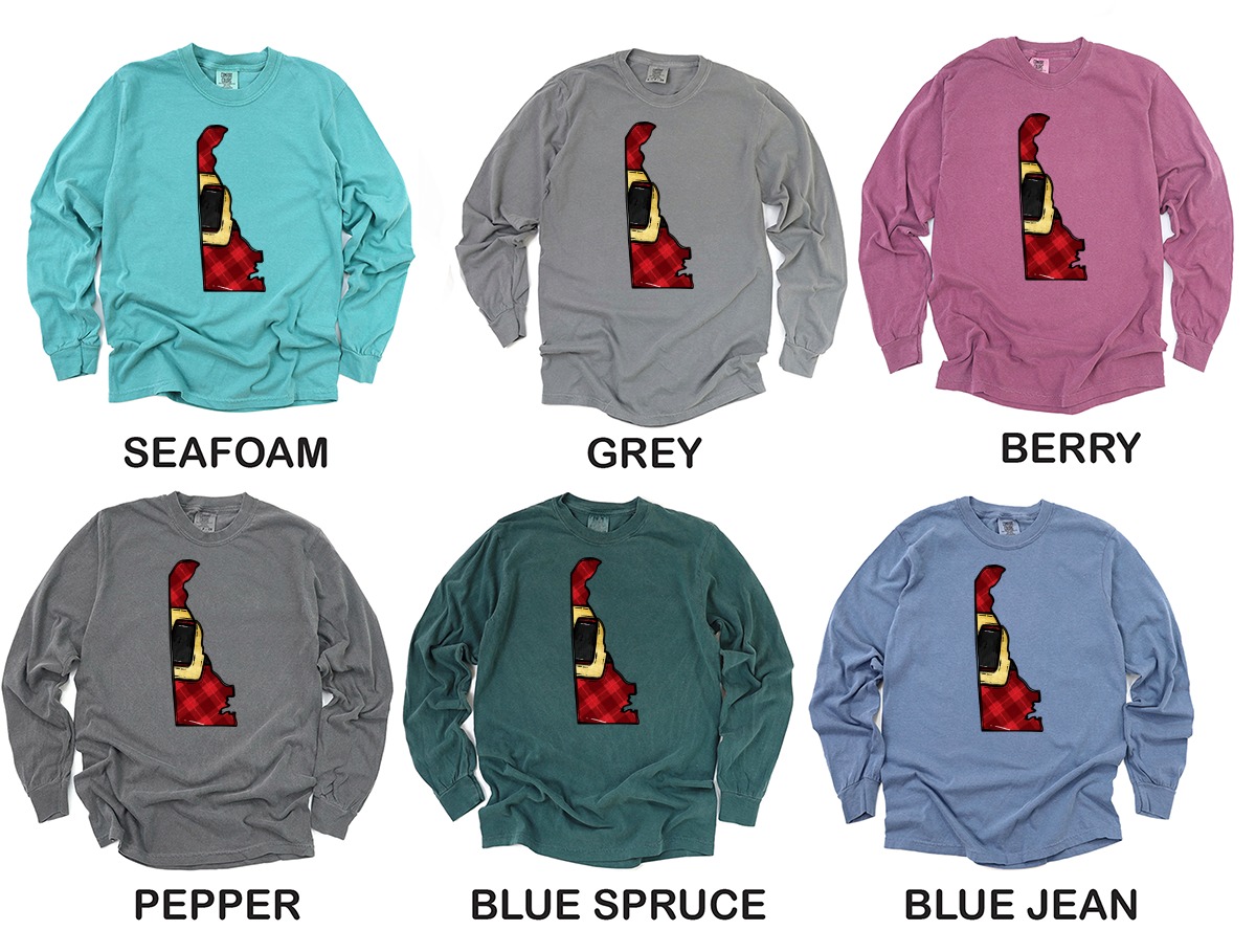 Delaware State Shape Long Sleeve T-Shirt, Christmas Plaid Santa Belt Design, Festive Holiday Apparel, Unique Seasonal Gift Idea - Image 3