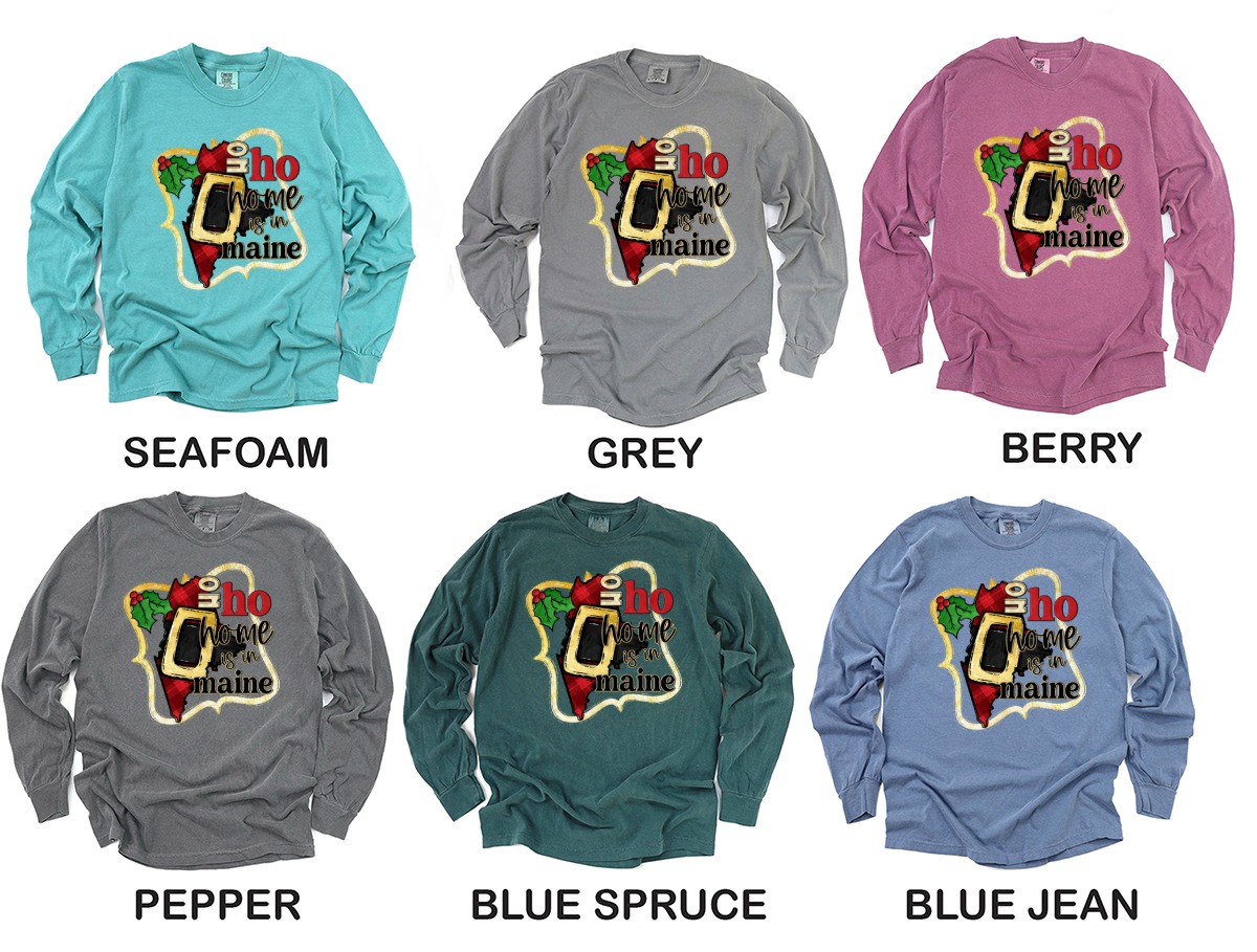 Maine Christmas Long Sleeve T-Shirt, Ho Ho Home, Santa Belt, Maine State Pride, Holiday Gift Idea, Festive Season Apparel - Image 3