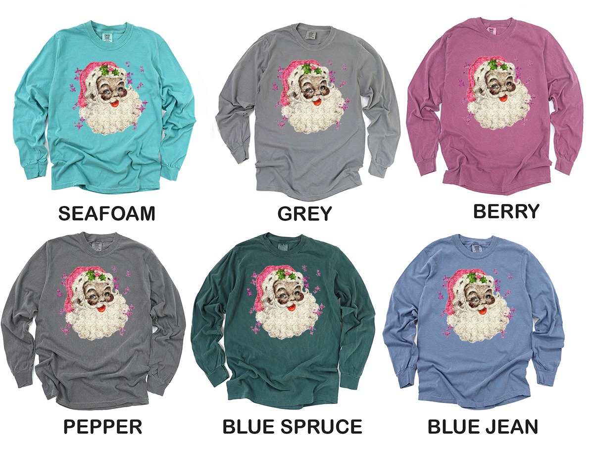 Retro Santa Long Sleeve T-Shirt, Vintage Christmas Tee, Holiday Shirt, Festive Apparel, Santa Claus Design, Sparkly Stars, Xmas Gift Idea - Image 3