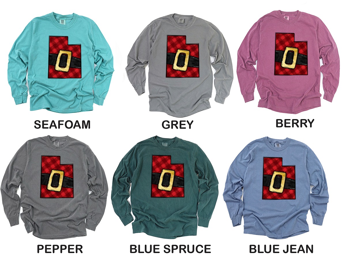 Utah Santa Belt Long Sleeve T-Shirt, Christmas Plaid State Tee, Holiday Apparel, Festive Utah Gift, Red Plaid Design, Utah Pride - Image 3