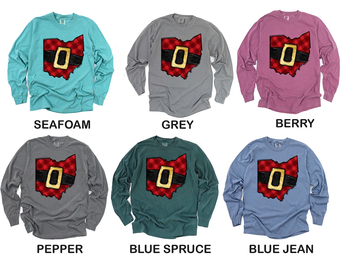 Ohio Santa Belt Long Sleeve T-Shirt, Plaid Christmas Shirt, Holiday Gift, State Pride Apparel, Festive Winter Top - Image 3