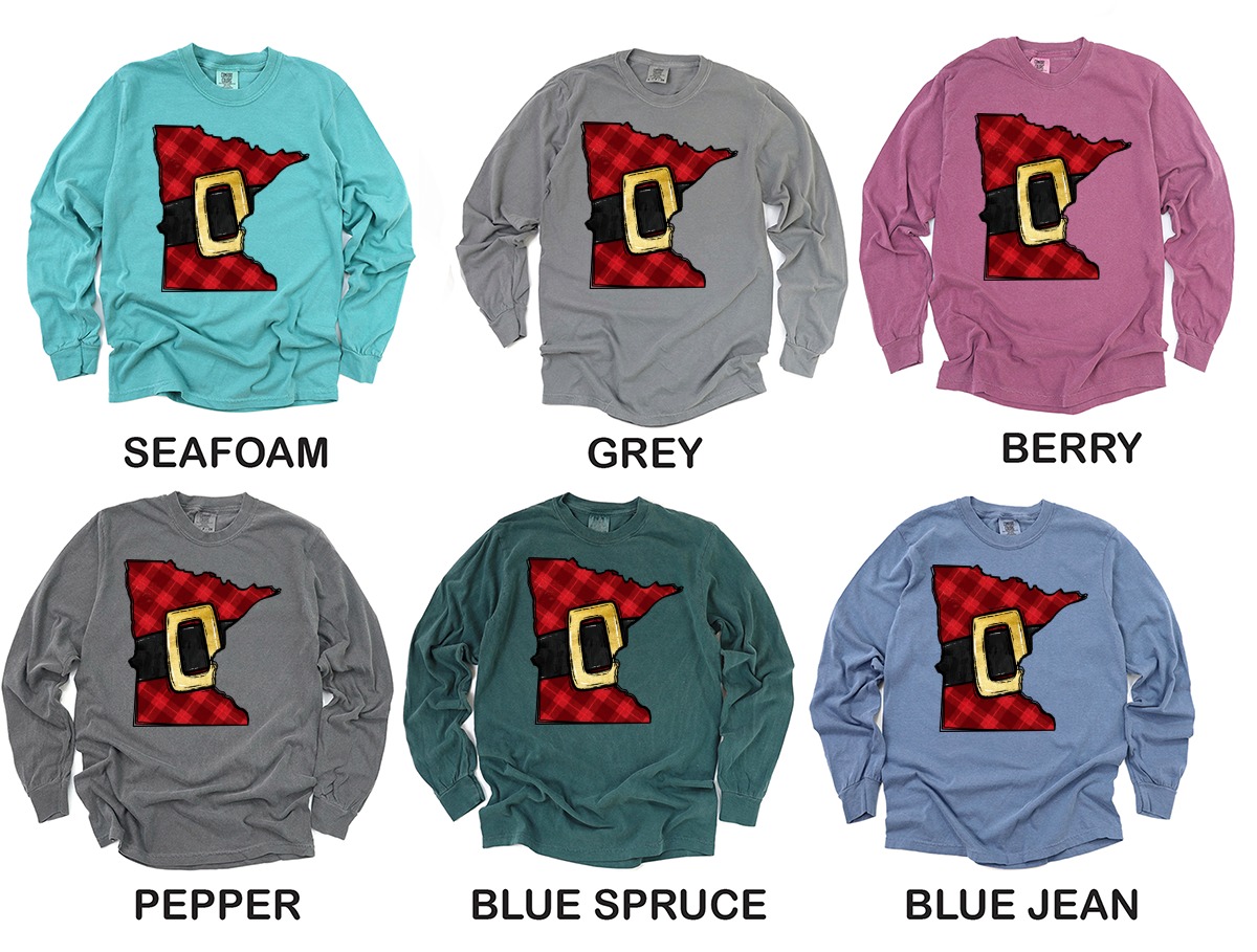 Minnesota Christmas Long Sleeve T-Shirt, Plaid State Santa Belt Apparel, Holiday Graphic Tee, MN Lover Gift, Festive Winter Clothes - Image 3