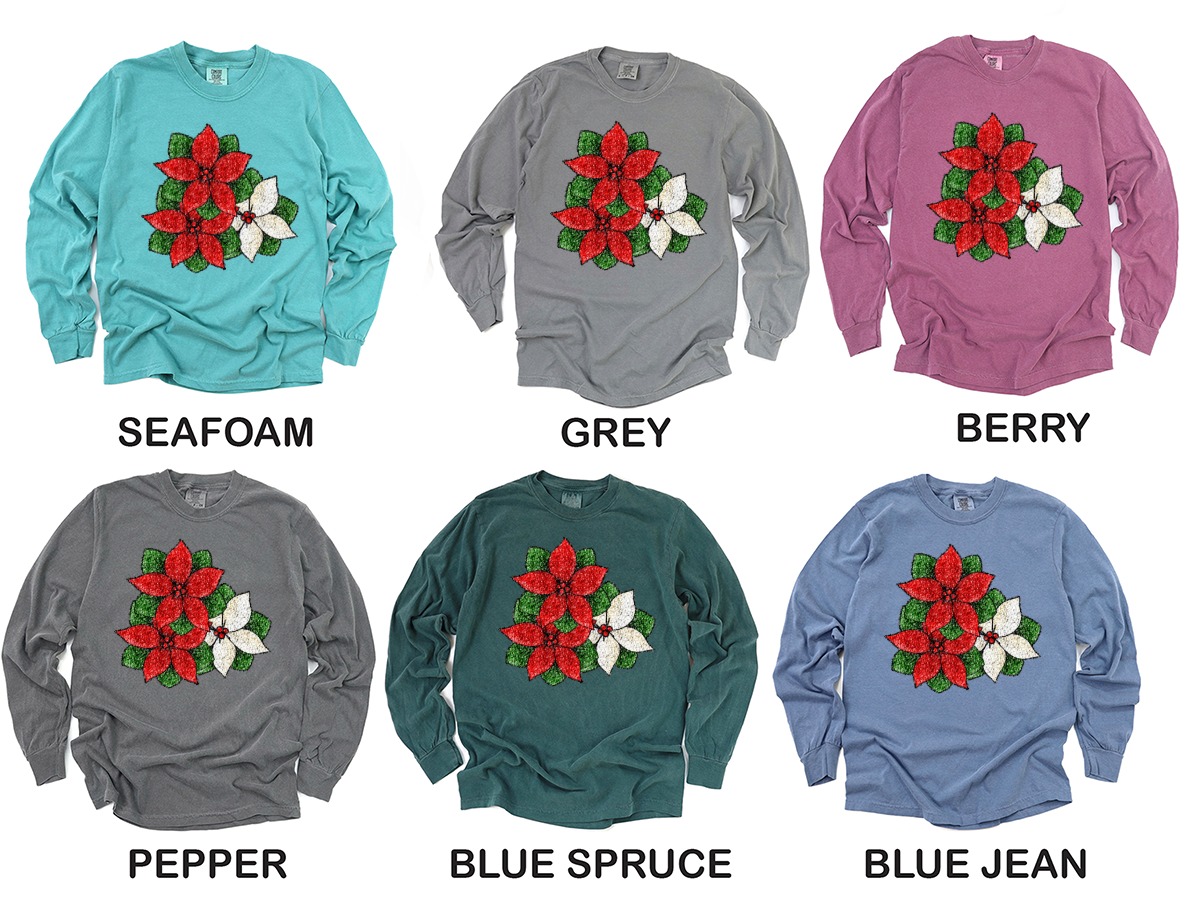 Poinsettia Long Sleeve T-Shirt, Christmas Flower Tee, Holiday Season Apparel, Winter Floral Shirt, Botanical Design - Image 3