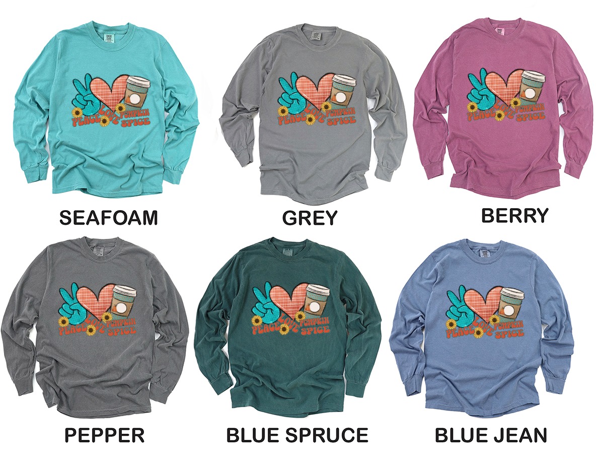 Peace Love Pumpkin Spice, Fall Long Sleeve T-Shirt, Autumn Long Sleeve Shirt, Coffee, Sunflowers, Trendy Shirt, Thanksgiving Outfit - Image 3