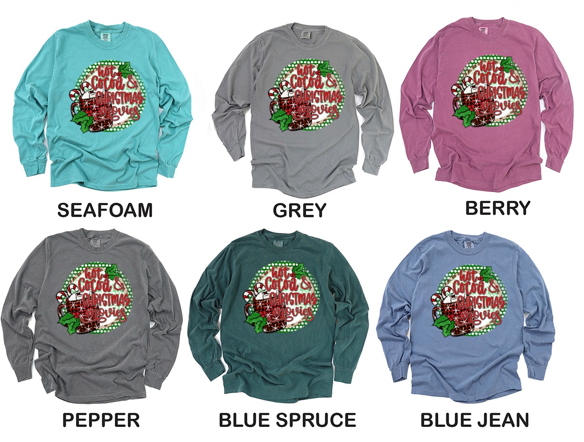 Hot Cocoa and Christmas Movies Long Sleeve T-Shirt, Holiday Tee, Winter Shirt, Festive Apparel, Christmas Gift Idea, Cozy Long Sleeve - Image 3