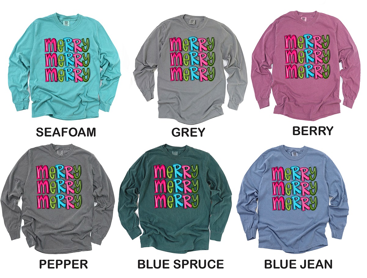Merry Long Sleeve T Shirt, Colorful Holiday Shirt, Festive Long Sleeve Tee, Happy Christmas Shirt, Winter Season Shirt, Gift Idea - Image 3