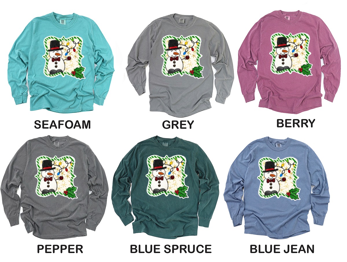 Festive Snowman Long Sleeve T-Shirt, Christmas Lights Holiday Tee, Winter Season Top, Cute Snowman Graphic Shirt - Image 3