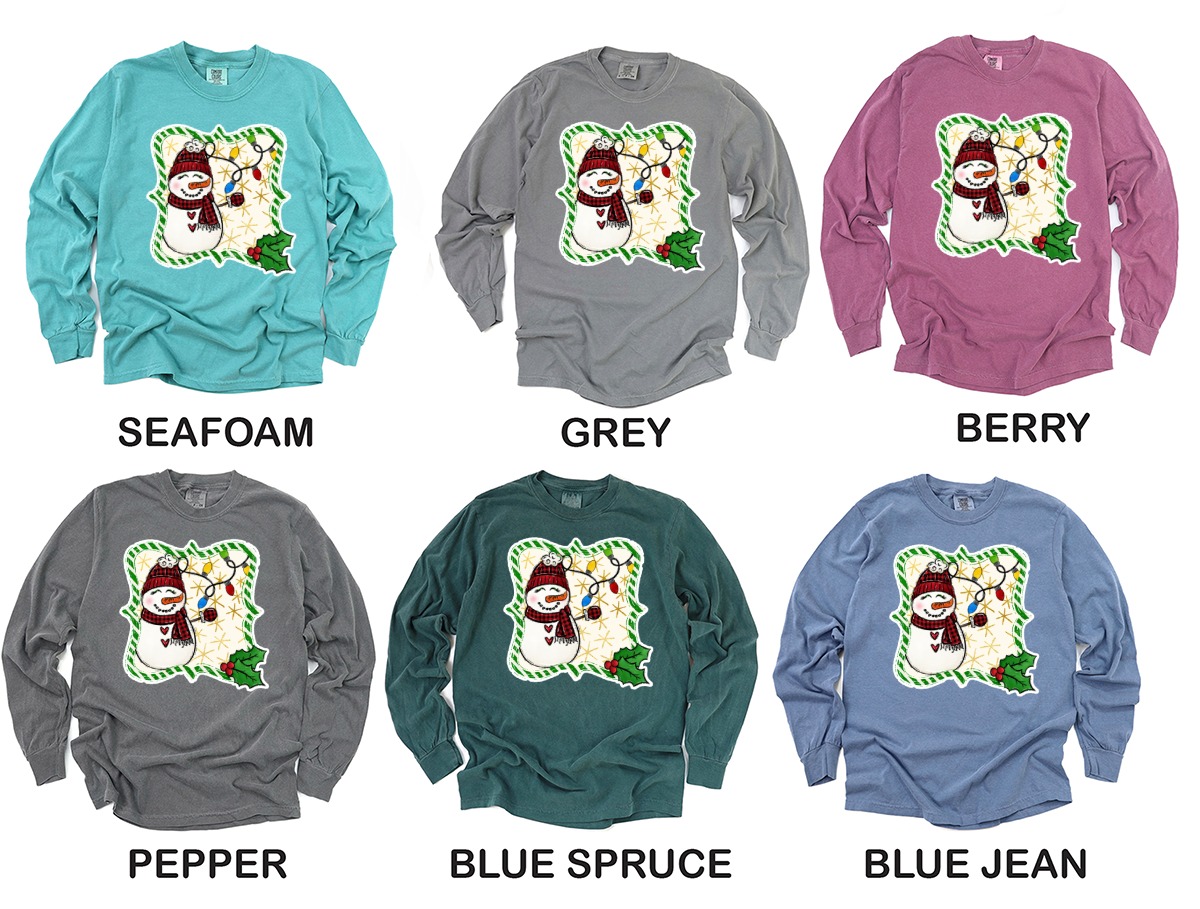 Cute Snowman Long Sleeve T-Shirt, Christmas Lights Shirt, Winter Holiday Top, Festive Apparel, Holiday Gift Idea - Image 3