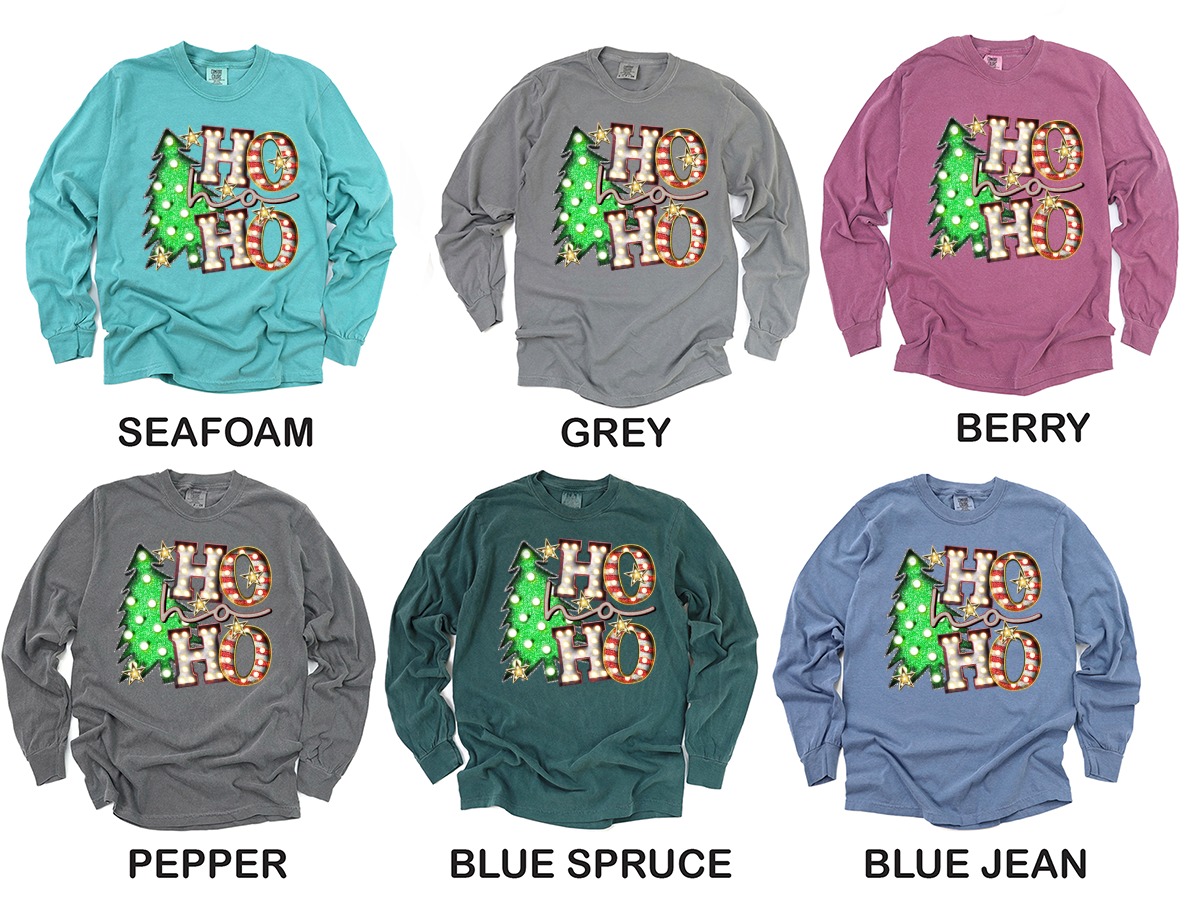 Ho Ho Ho Long Sleeve T-Shirt, Christmas Tee, Holiday Spirit, Festive Shirt, Light Up Letters, Xmas Tree Shirt, Starry Design - Image 3