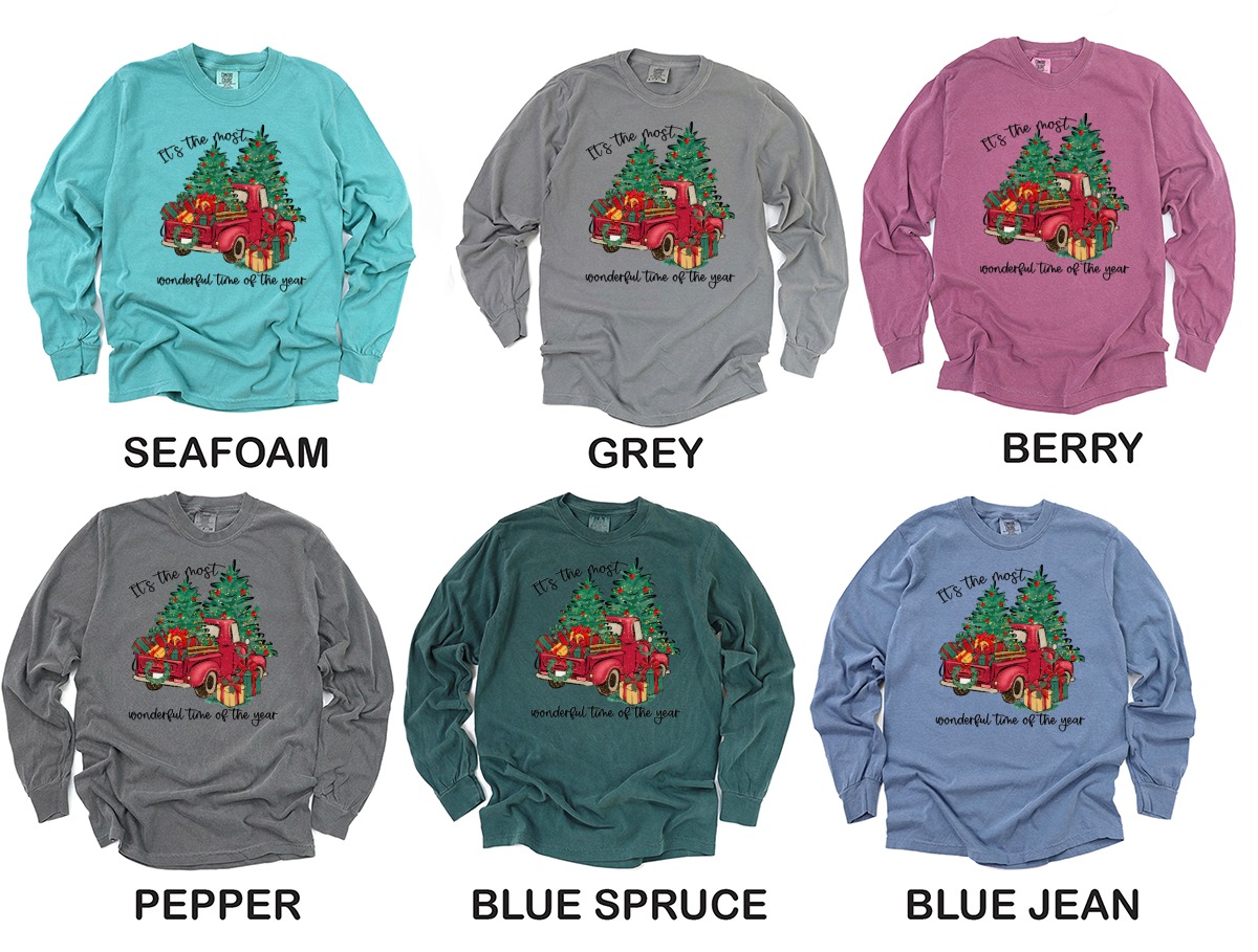 Christmas Truck Long Sleeve T-Shirt, Holiday Presents Tee, Wonderful Time of the Year Shirt, Xmas Tree Truck Long Sleeve Tee - Image 3