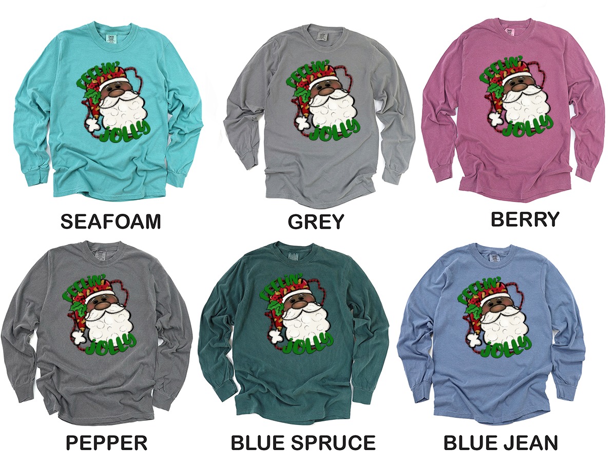 Feelin' Jolly Santa Long Sleeve T-Shirt, African American Santa, Leopard Print Hat, Holiday Shirt, Christmas Gift Idea, Festive Apparel - Image 3