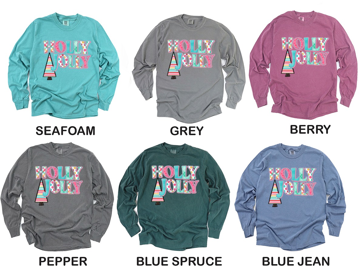 Holly Jolly Long Sleeve T-Shirt, Colorful Christmas Tee, Holiday Season Top, Festive Winter Apparel, Cute Tree Design, Gift Idea - Image 3