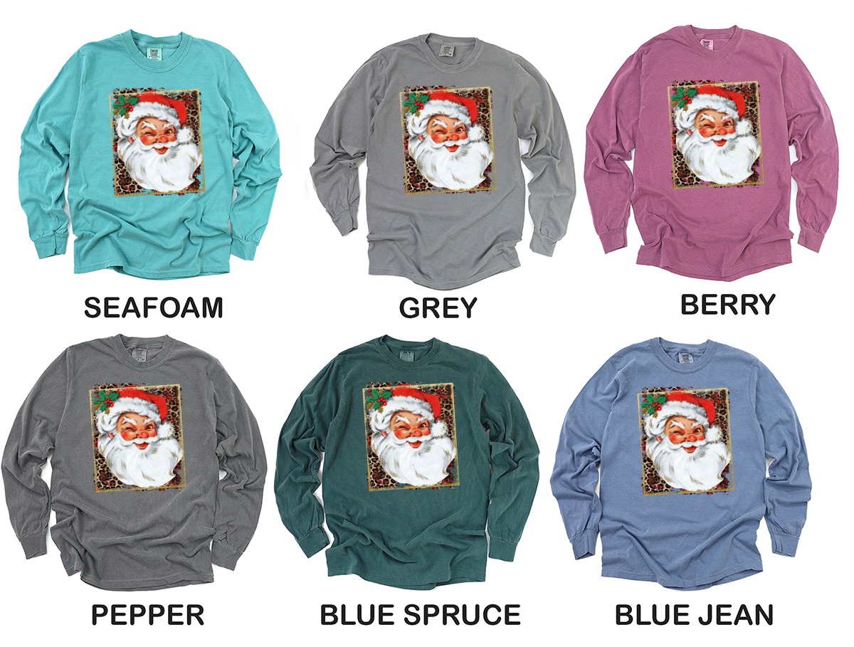 Winking Santa Long Sleeve T-Shirt, Retro Santa Shirt, Christmas Long Sleeve T Shirt, Leopard Print Holiday Apparel, Festive Winter Top - Image 3