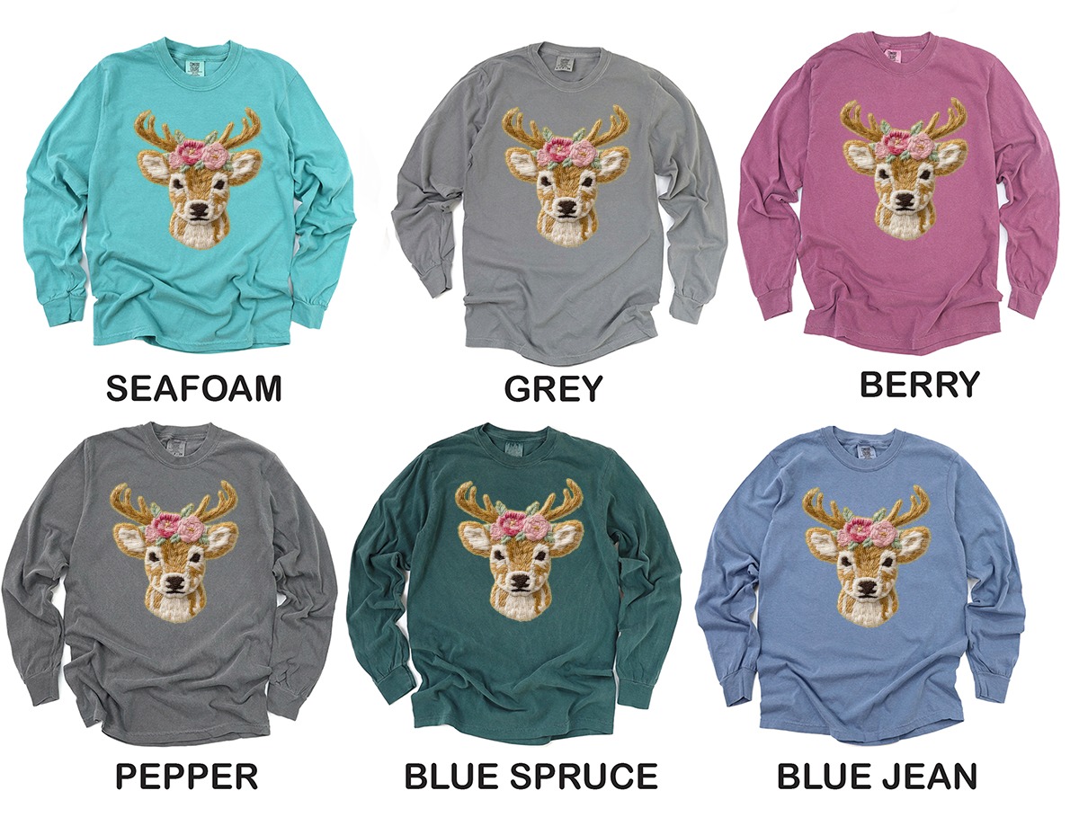 Floral Deer Long Sleeve T-Shirt, Cute Animal Tee, Flower Crown Shirt, Whimsical Style, Nature Lover Gift, Trendy Long Sleeve Tee - Image 3