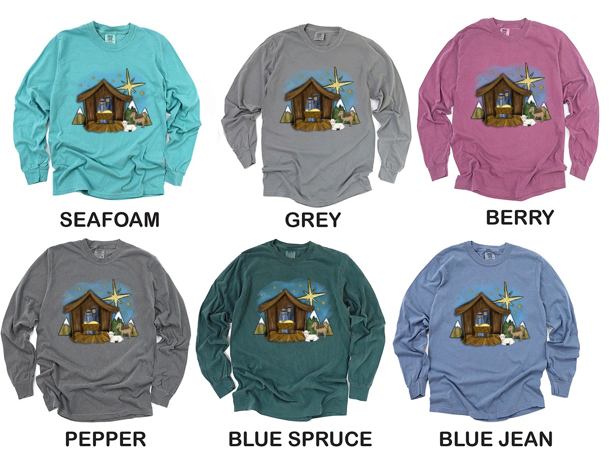 Nativity Scene Long Sleeve T-Shirt, Christmas Story Shirt, Manger Scene Tee, Holiday Long Sleeve Shirt, Religious Tee, Christian Gift - Image 3