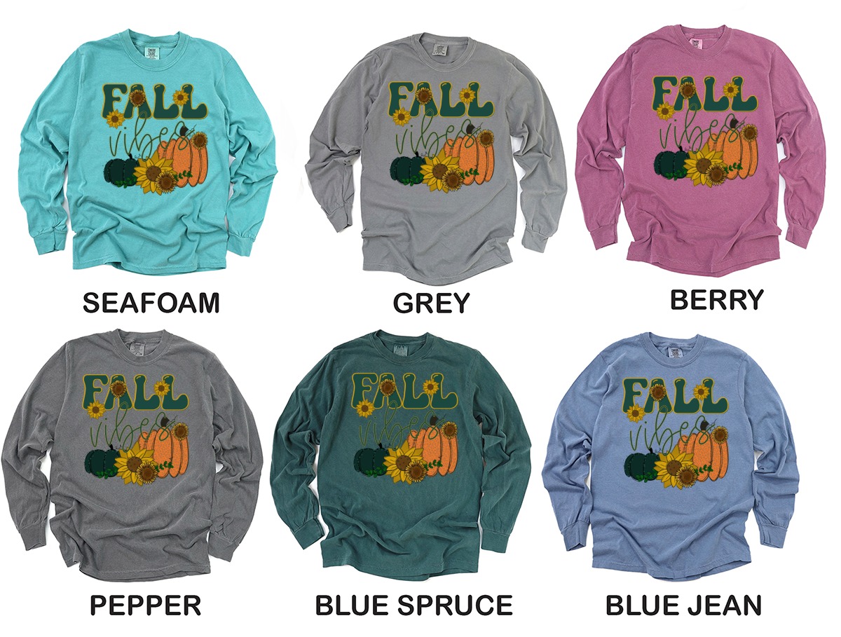 Fall Vibes Long Sleeve T-Shirt, Pumpkin and Sunflower Tee, Autumn Apparel, Seasonal Fashion, Trendy Graphic Top, Thanksgiving Shirt - Image 3