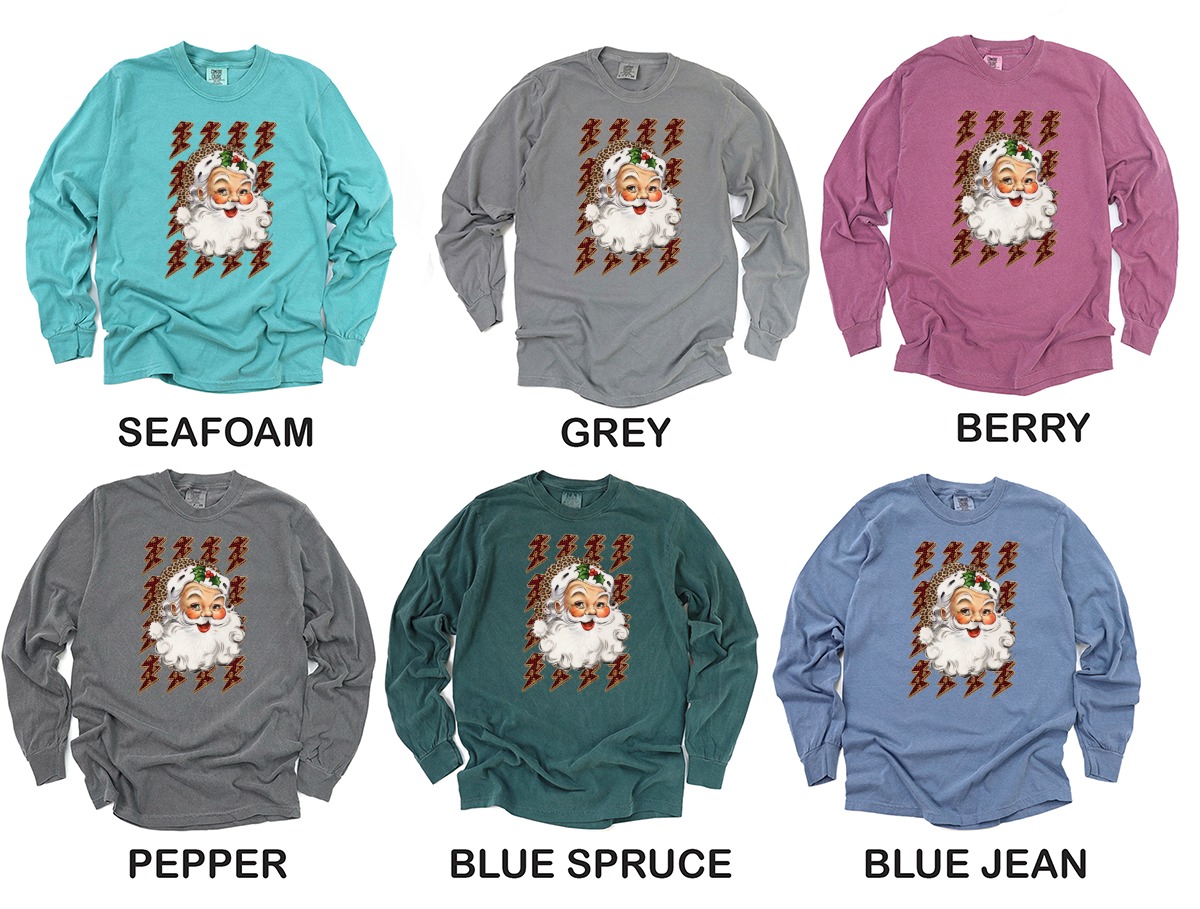 Leopard Santa Long Sleeve T-Shirt, Christmas Lightning Bolt Tee, Unique Santa Design, Holiday Apparel, Trendy Long Sleeve Shirt - Image 3