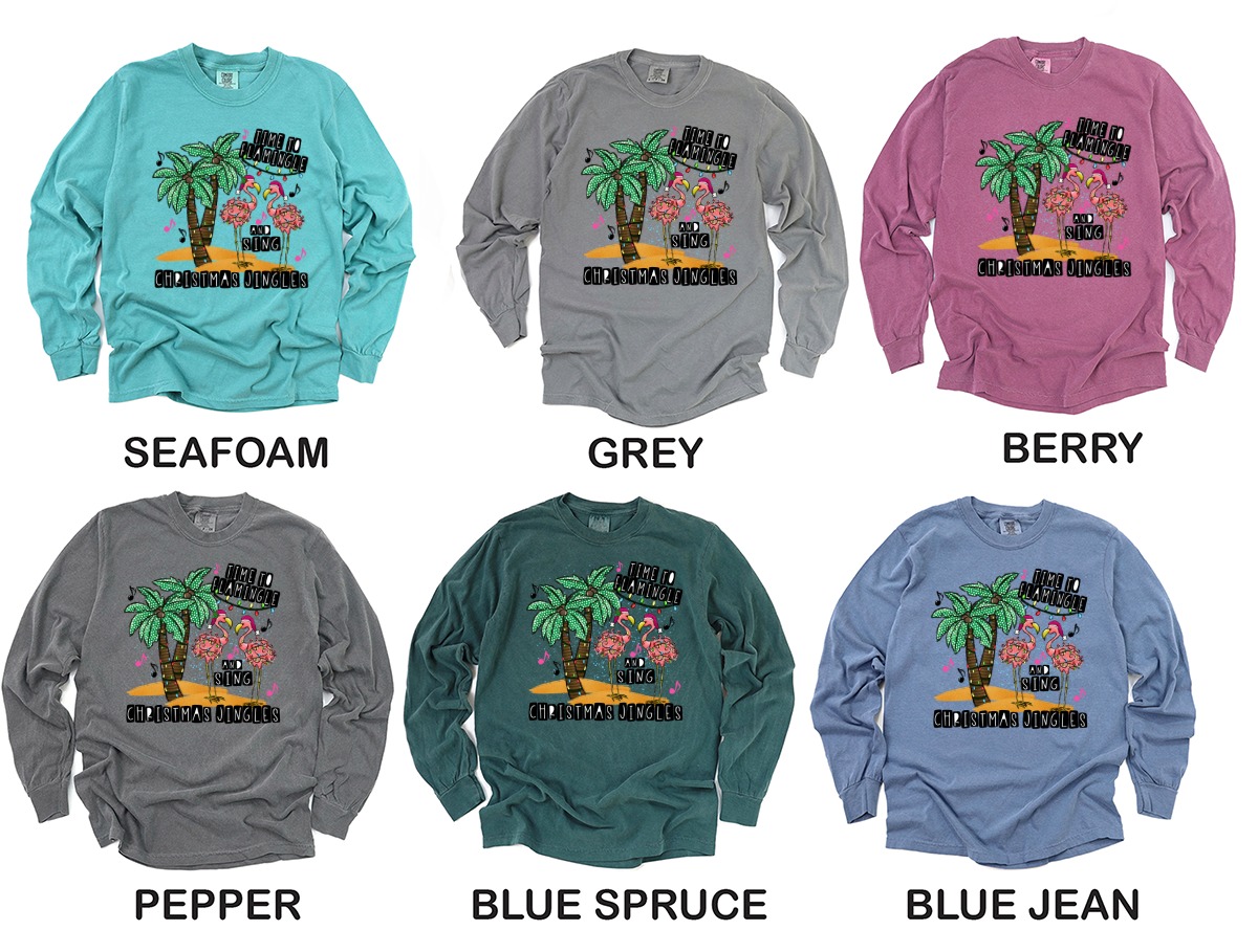 Christmas Flamingo Long Sleeve T-Shirt, Time to Flamingle Holiday Tee, Tropical Christmas, Festive Bird Shirt, Winter Vacation Apparel - Image 3