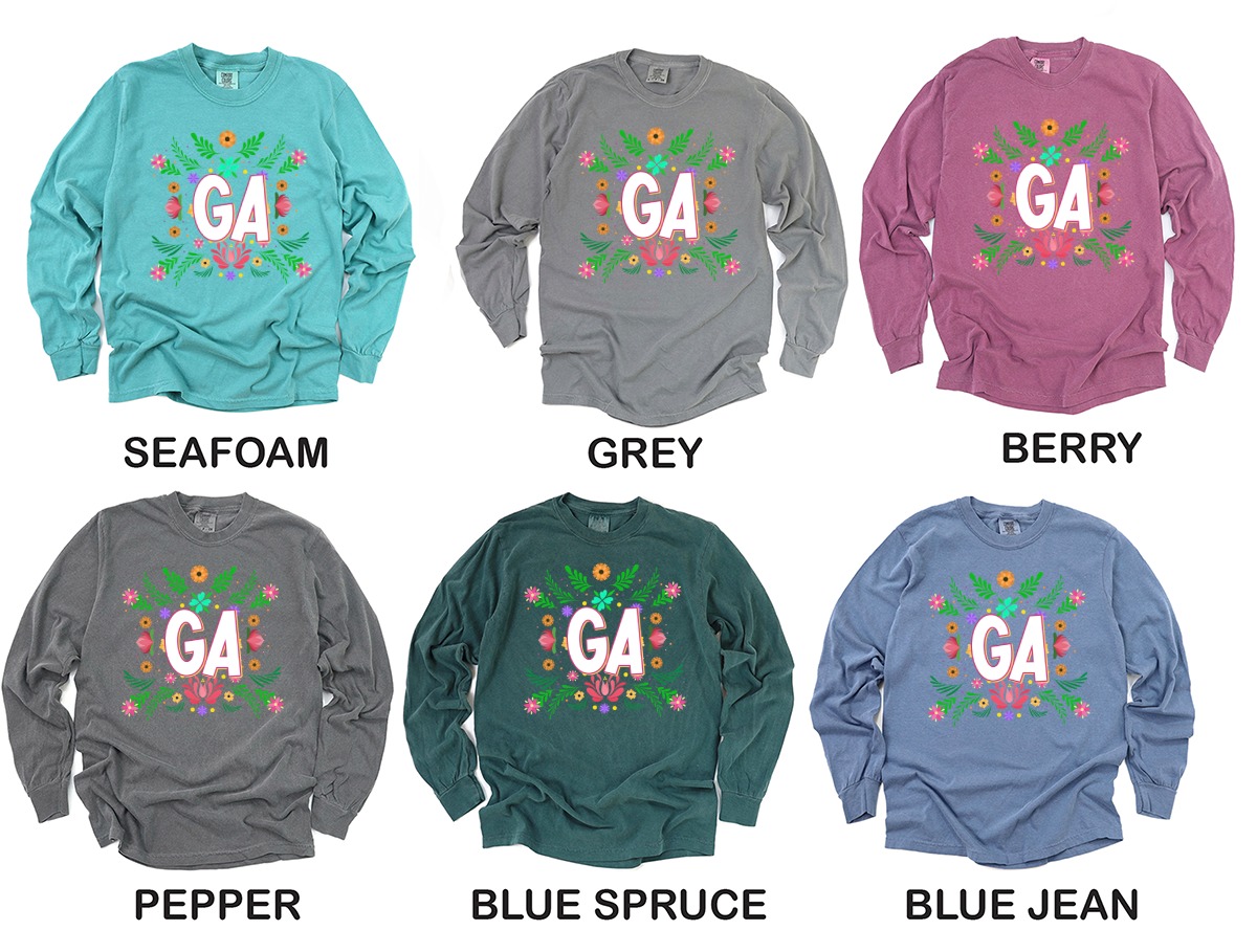 Floral GA Long Sleeve T-Shirt, Georgia Pride Shirt, Initial Shirt, Botanical Design, Unique Gift Idea, State Initials Shirt - Image 3