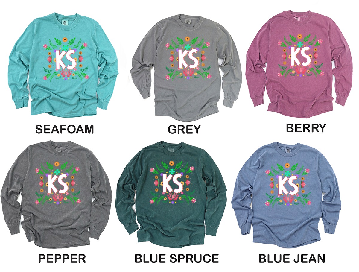 KS Floral Long Sleeve T-Shirt, Initial Flowers Shirt, Letter Shirt, Personalized Gift, Floral Letter Tee, Colorful Design Shirt - Image 3
