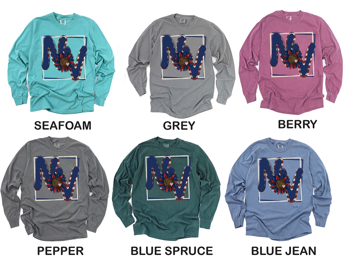 NV Patriotic Sunflower Long Sleeve T-Shirt, USA Pride Tee, American Flag Initial Shirt, Floral Letter Graphic Top, Trendy Fall Apparel - Image 3