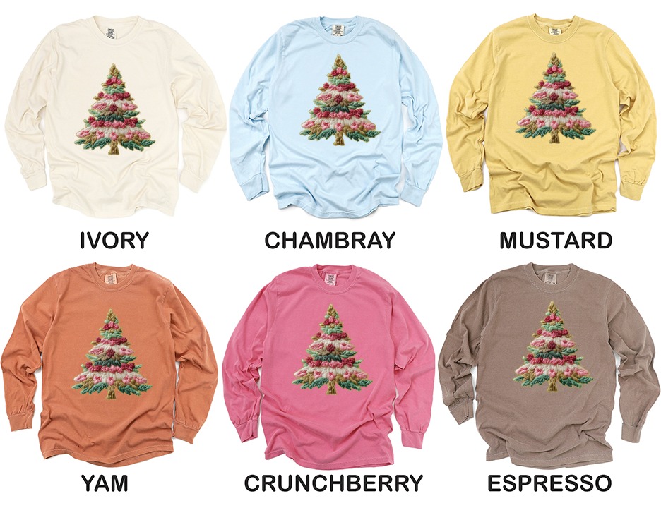 Embroidered Christmas Tree Long Sleeve T-Shirt, Holiday Apparel, Festive Winter Design, Unique Gift Idea, Seasonal Clothing - Image 4