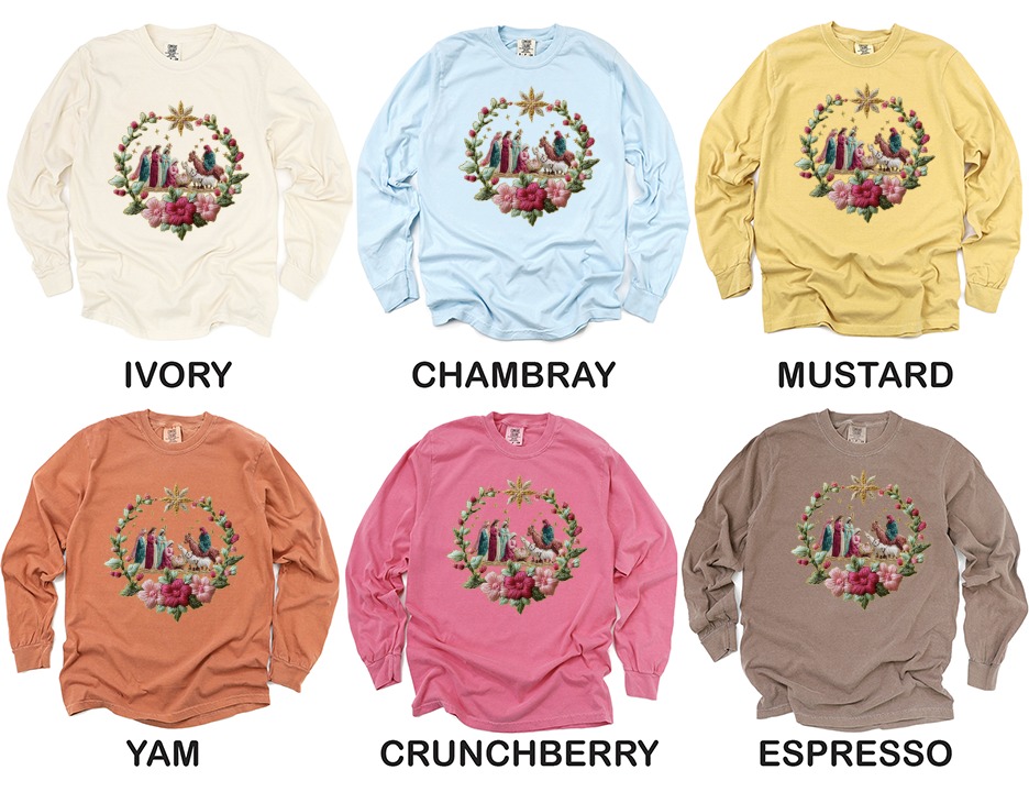 Nativity Scene Long Sleeve T-Shirt, Christmas Shirt, Embroidered Look Long Sleeve Tee, Religious Gift, Holiday Apparel, Christian Clothing - Image 4