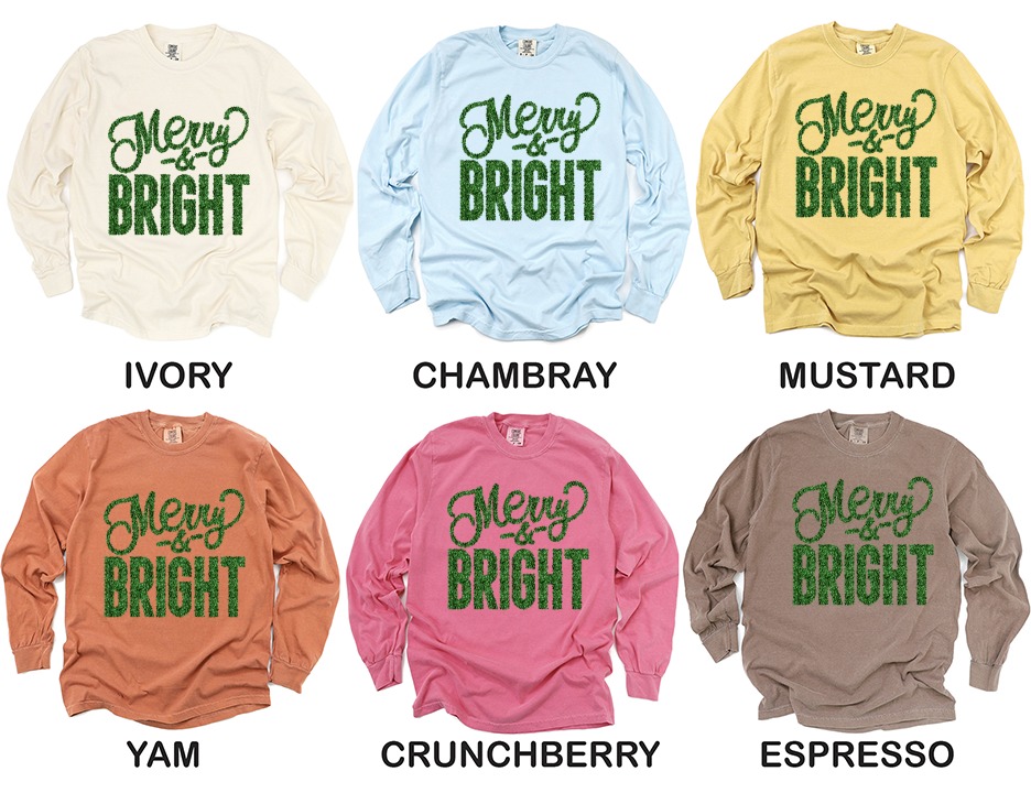 Merry and Bright Long Sleeve T-Shirt, Holiday Long Sleeve T-Shirt, Christmas Long Sleeve T-Shirt, Green Holiday Shirt - Image 4