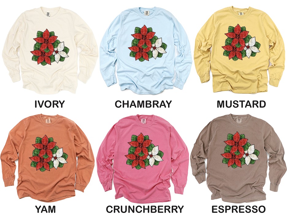 Poinsettia Long Sleeve T-Shirt, Christmas Flower Tee, Holiday Season Apparel, Winter Floral Shirt, Botanical Design - Image 4