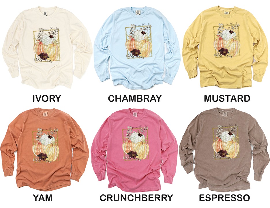 Give Thanks Long Sleeve T-Shirt, Thanksgiving Long Sleeve Shirt, Fall Shirt, Pumpkin T-Shirt, Autumn Shirt, Harvest Long Sleeve Tee - Image 4
