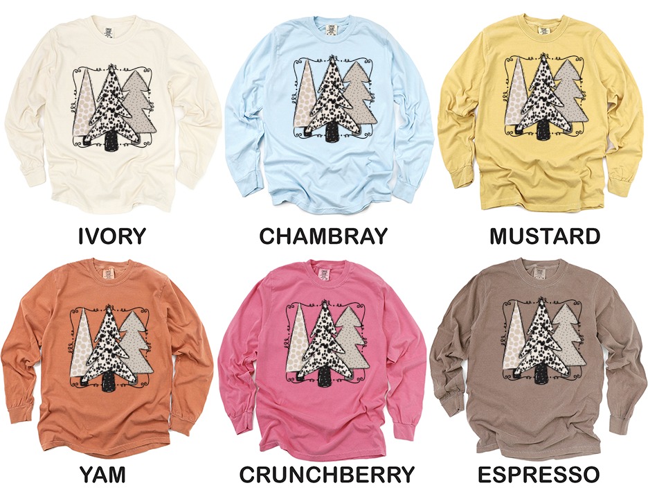 Boho Christmas Trees Long Sleeve T-Shirt, Bohemian Holiday Shirt, Beige Winter Scene Long Sleeve Tee, Abstract Christmas Outfit - Image 4