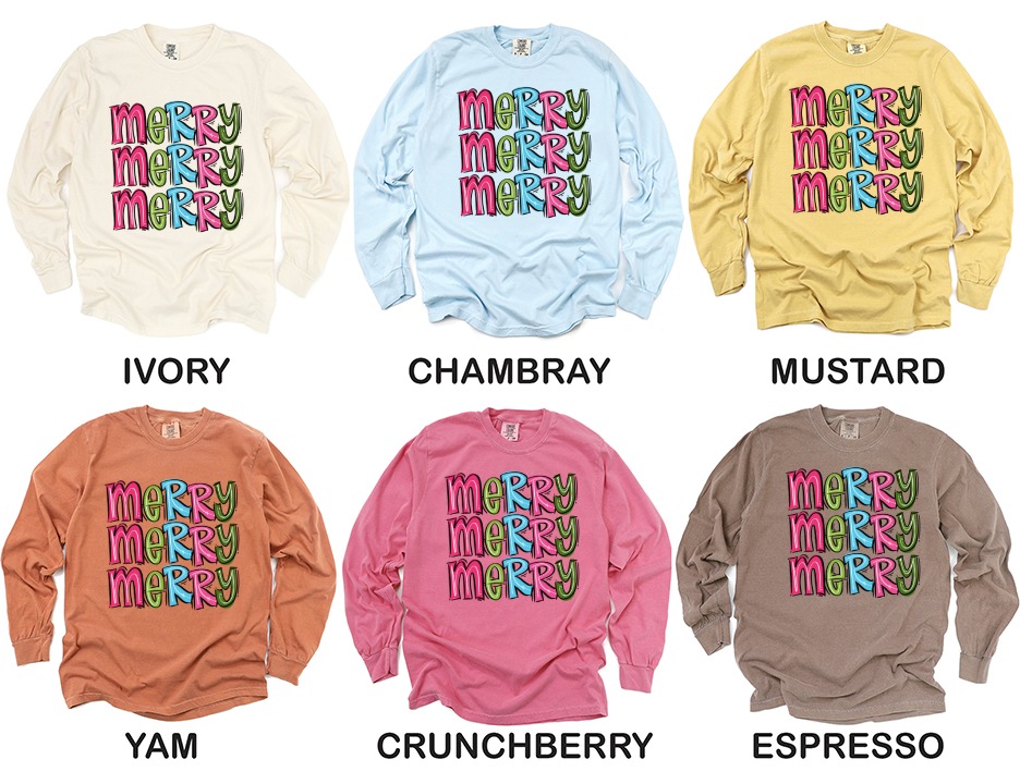 Merry Long Sleeve T Shirt, Colorful Holiday Shirt, Festive Long Sleeve Tee, Happy Christmas Shirt, Winter Season Shirt, Gift Idea - Image 4