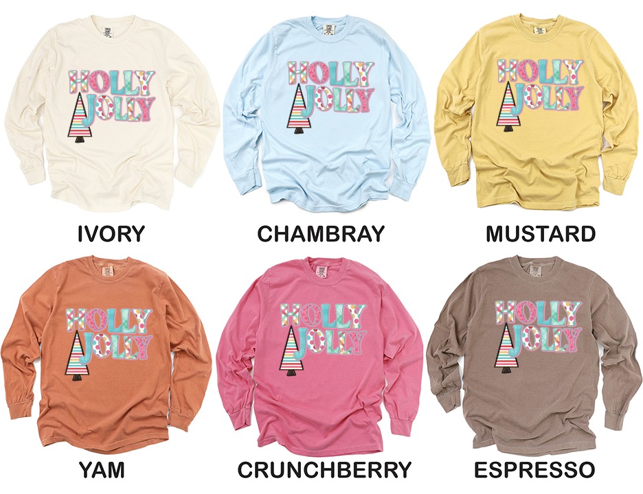 Holly Jolly Long Sleeve T-Shirt, Colorful Christmas Tee, Holiday Season Top, Festive Winter Apparel, Cute Tree Design, Gift Idea - Image 4
