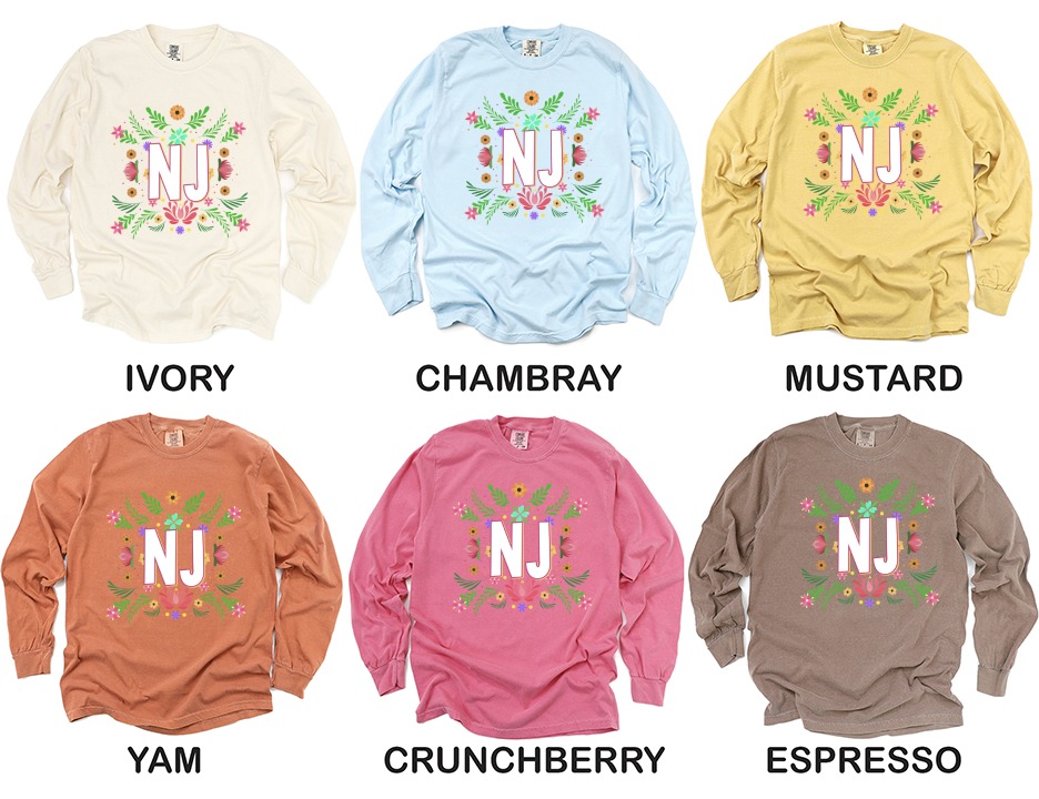 NJ Floral Long Sleeve T-Shirt, New Jersey Pride, Flower Power Shirt, State Initials Tee, Botanical Design, Colorful Graphic Long Sleeve Tee - Image 4