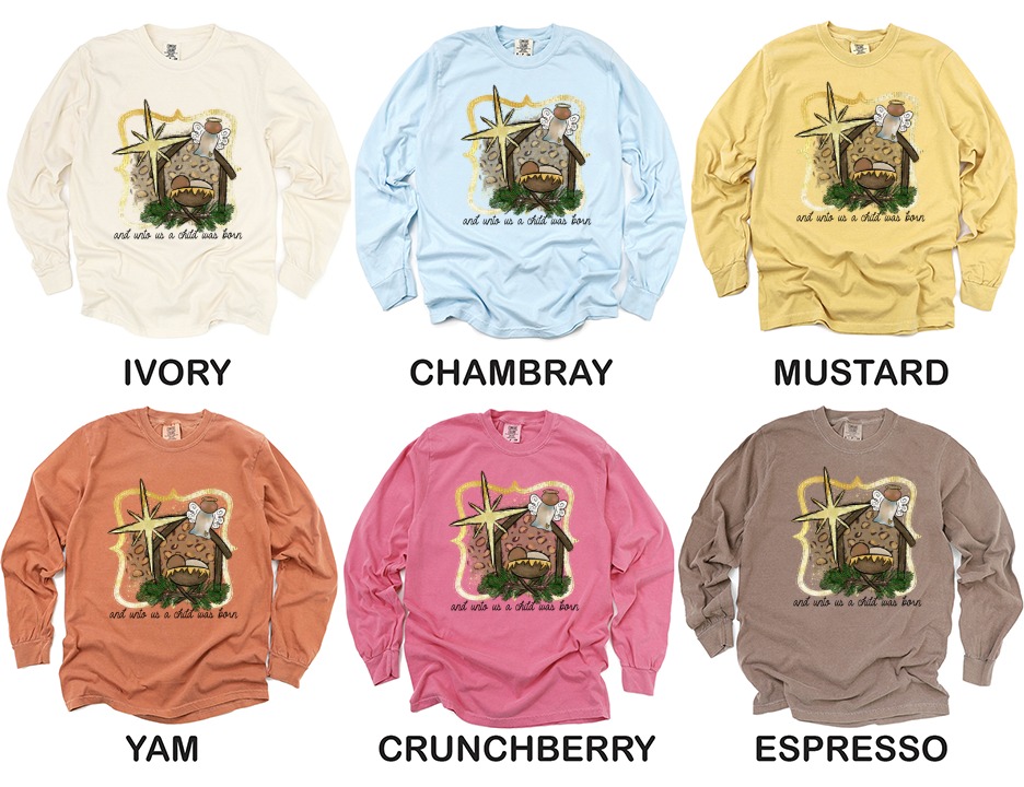 Christian Nativity Long Sleeve T-Shirt, Leopard Print Manger, Christmas Angel Shirt, Religious Gift, Unto Us A Child Is Born, Xmas Shirt - Image 4