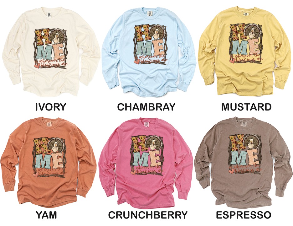 Home Blessings Turkey Long Sleeve T-Shirt, Thanksgiving Shirt, Fall Apparel, Autumn Clothing, Family Gift, Holiday Season, Trendy Long - Image 4