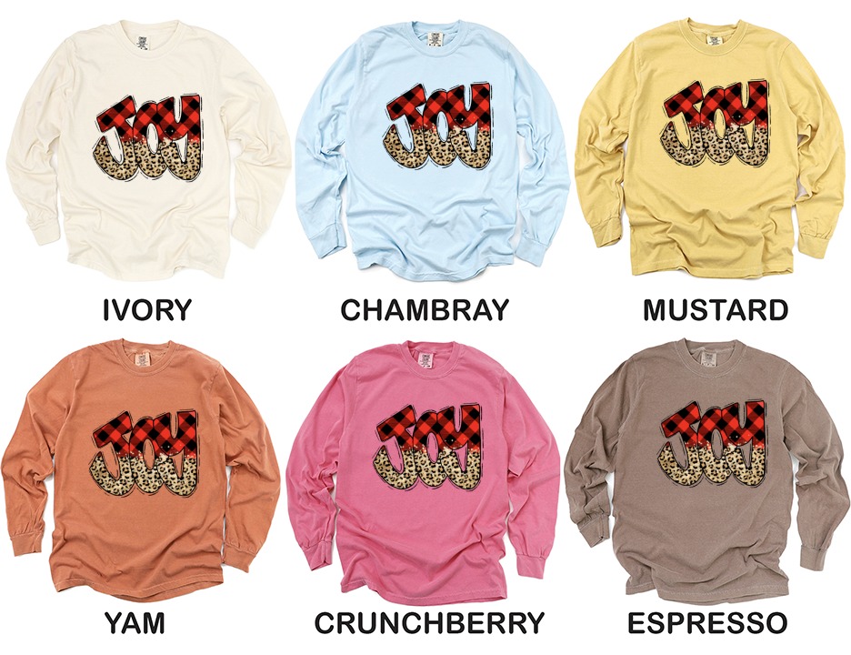 Joy Long Sleeve T-Shirt, Buffalo Plaid, Leopard Print, Festive Shirt, Holiday Long Sleeve Tee, Trendy Graphic Tee, Winter Shirt - Image 4