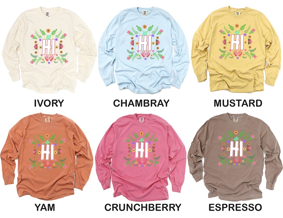 Hi Floral Long Sleeve T-Shirt, Cute Greeting Tee, Botanical Shirt, Flower Design, Trendy Top, Casual Outfit, Colorful Gift - Image 4