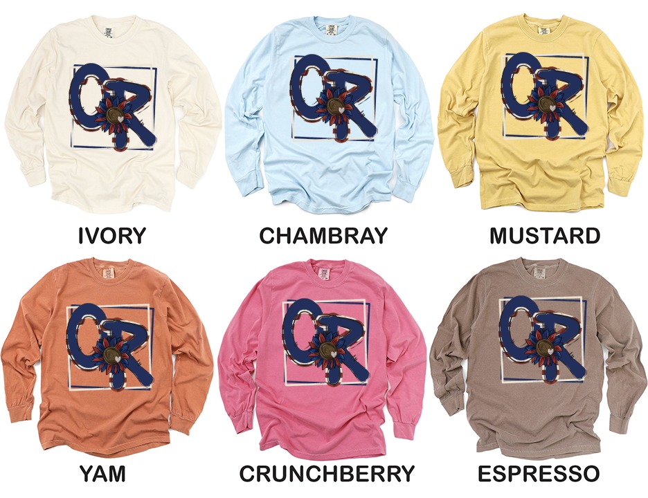 Patriotic Initial CR Long Sleeve T-Shirt, American Flower Graphic Tee, USA Pride Shirt, Personalized Name Shirt, Initial Shirt - Image 4
