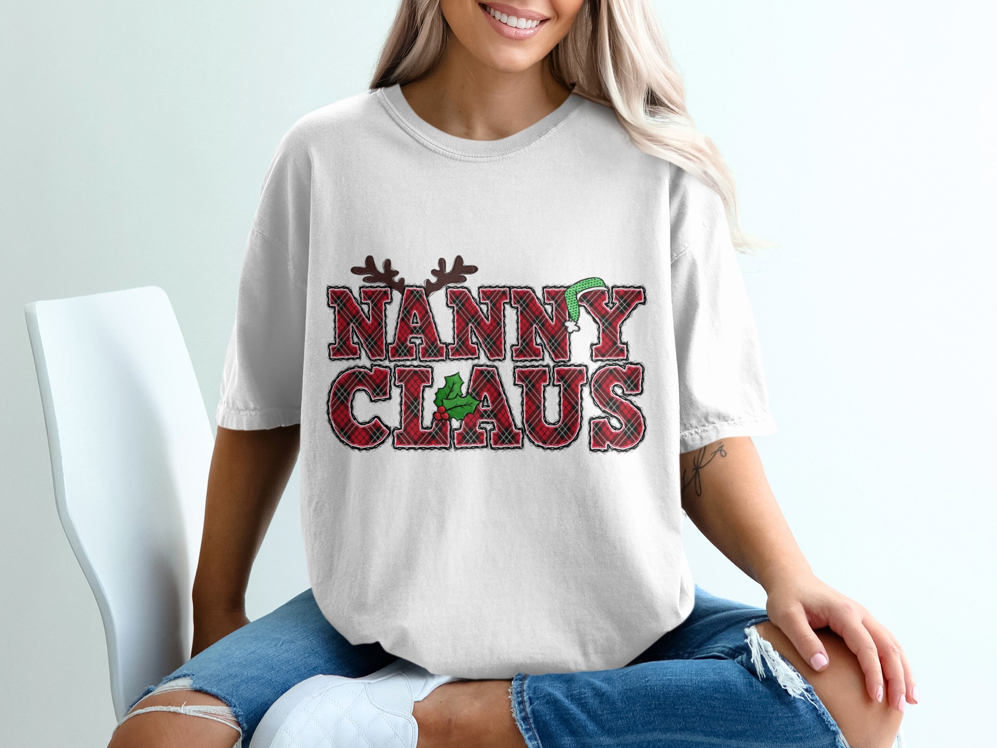 Nanny Claus T-Shirt, Christmas Gift, Holiday T Shirt, Xmas Tee, Festive Apparel, Plaid Outfit, Grandma Claus Shirt, Reindeer Antler