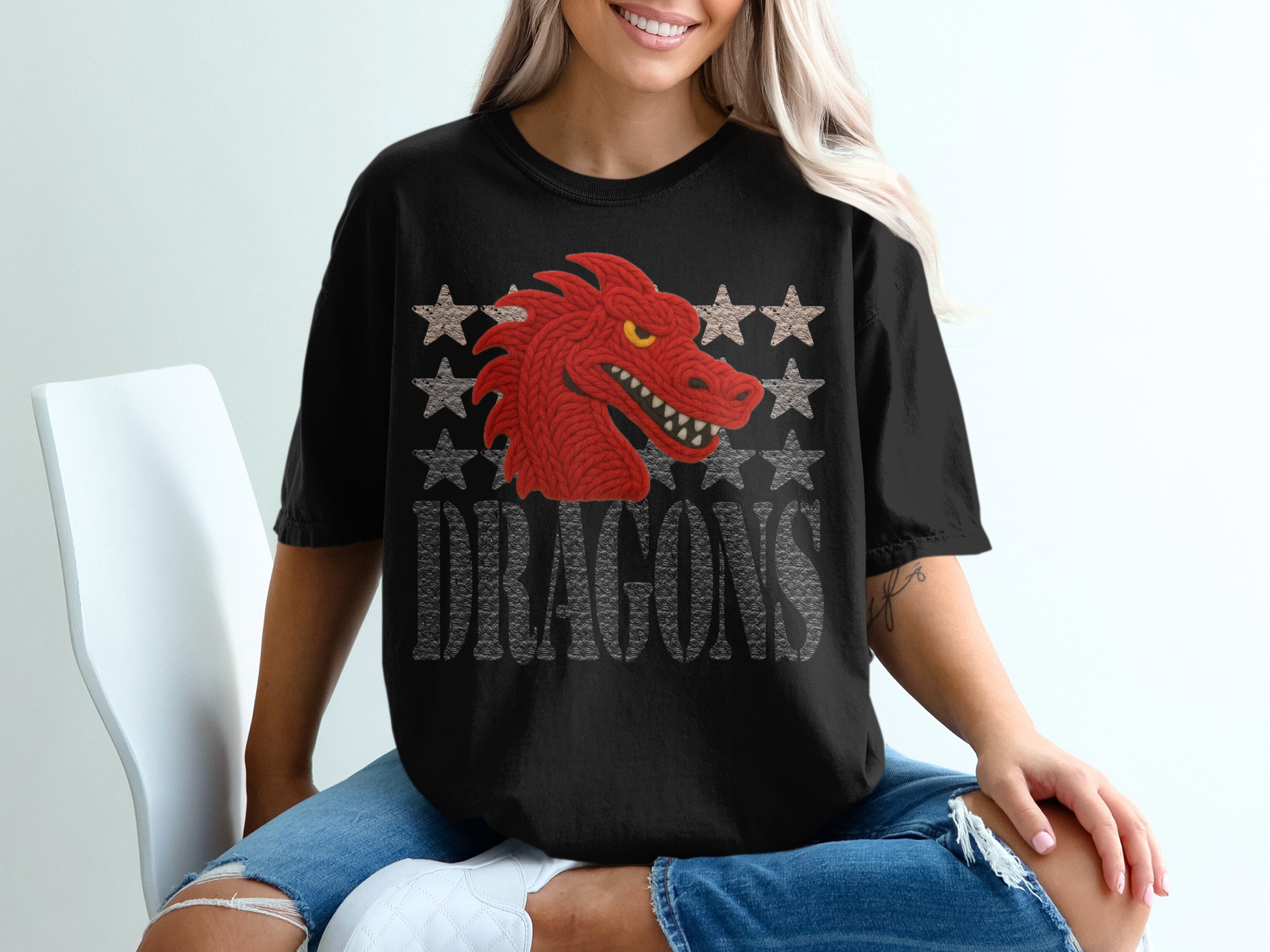 Red Dragon T Shirt, Fierce Dragon Tee, Knitted Dragon, Starry Dragons, Dragon Graphic Shirt, Dragon Lover Tee - Image 2