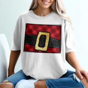 Santa Suit T-Shirt, Festive Plaid Shirt, Christmas T Shirt, Holiday Tee, Gold Buckle Christmas Apparel, Gift Idea, Santa Costume, Holiday