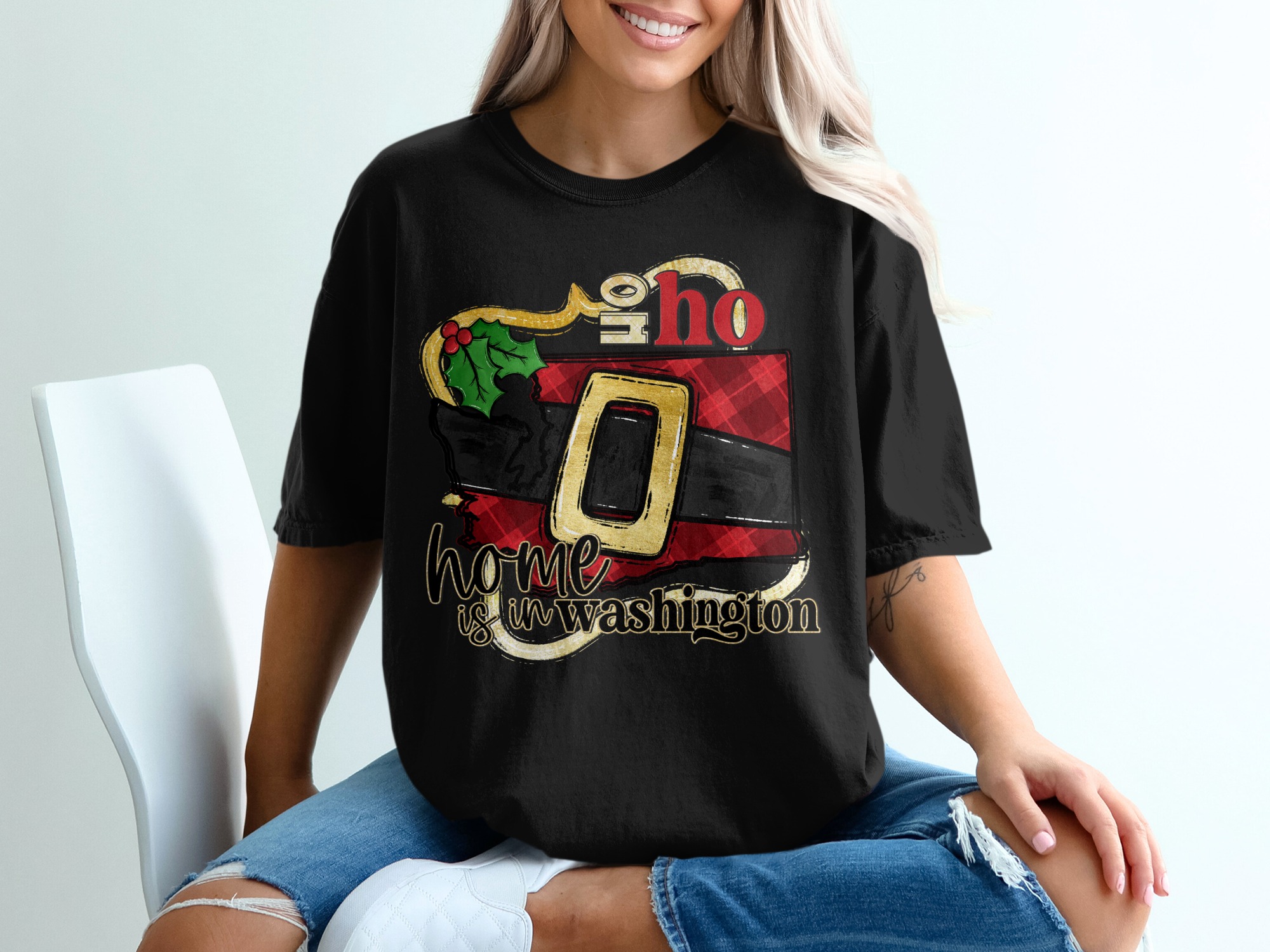 Home is in Washington T-Shirt, Santa Belt State Pride, Holiday Gift, Christmas Tee, Washington State Souvenir, Festive Apparel - Image 2