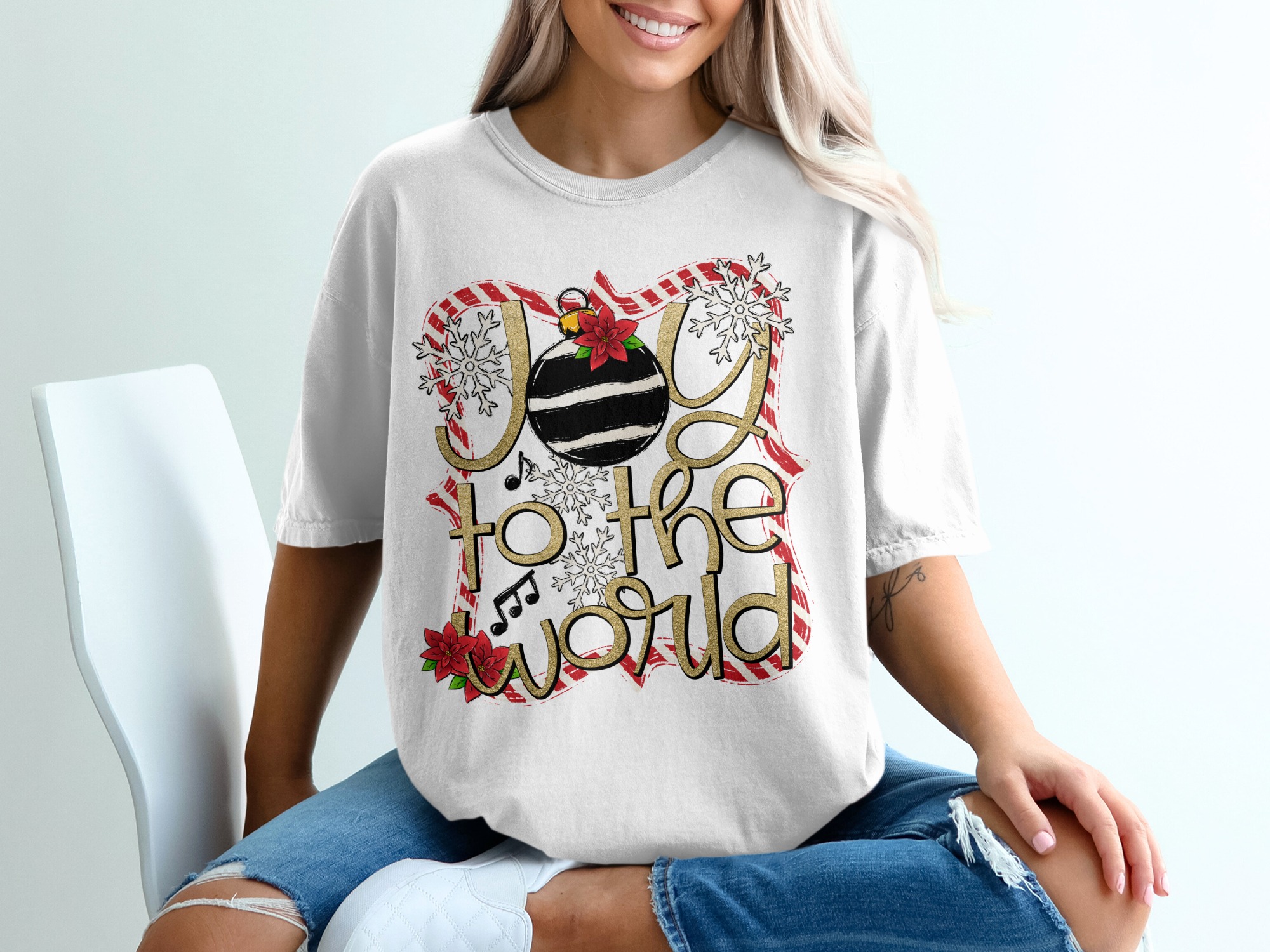Joy to the World T-Shirt, Christmas Ornament, Poinsettia Snowflake Tee, Holiday Music Shirt, Festive Apparel, Gift for Christmas